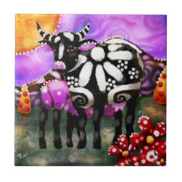 Whimsical Abstract Momma & Baby Cow Funky Farm タイル