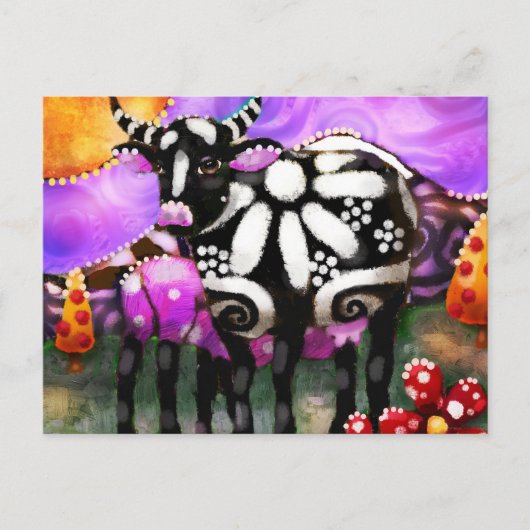 Whimsical Abstract Momma & Baby Cow Funky Farm ポストカード (正面)