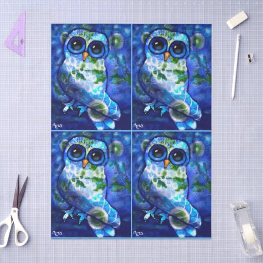 Whimsical Abstract Owl Blue Green Floral Decoupage 薄葉紙 (クラフト)