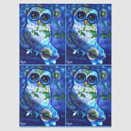 Whimsical Abstract Owl Blue Green Floral Decoupage 薄葉紙 (正面)