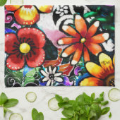 Whimsical Abstract Puffin Bird In Flowers キッチンタオル (折り畳み)