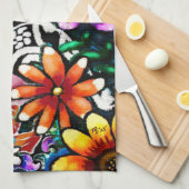 Whimsical Abstract Puffin Bird In Flowers キッチンタオル (四つ折り)