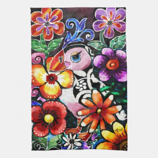 Whimsical Abstract Puffin Bird In Flowers キッチンタオル (縦)