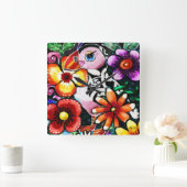 Whimsical Abstract Puffin Bird In Flowers スクエア壁時計 (ホーム)