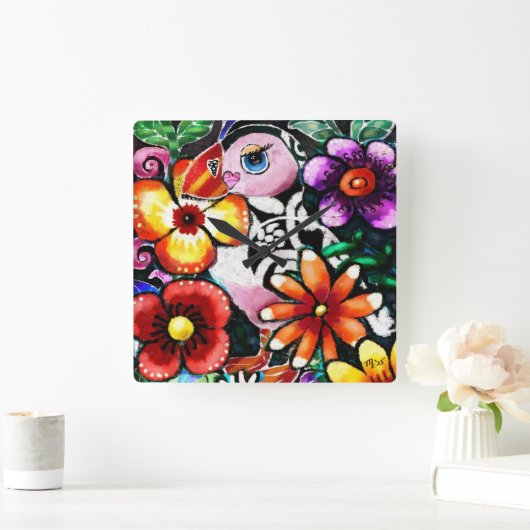Whimsical Abstract Puffin Bird In Flowers スクエア壁時計 (ホーム)