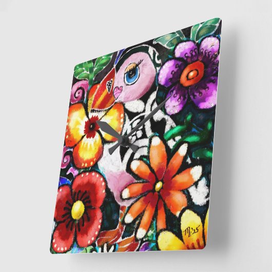 Whimsical Abstract Puffin Bird In Flowers スクエア壁時計 (傾斜)