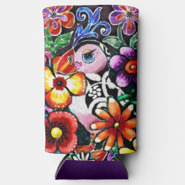 Whimsical Abstract Puffin Bird In Flowers スリム缶クーラー