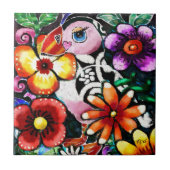 Whimsical Abstract Puffin Bird In Flowers タイル (正面)
