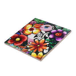 Whimsical Abstract Puffin Bird In Flowers タイル