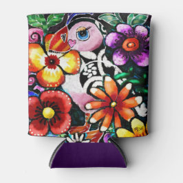 Whimsical Abstract Puffin Bird In Flowers 缶クーラー