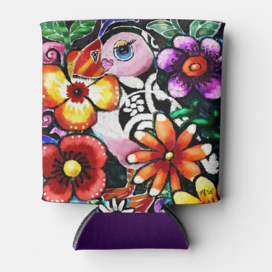 Whimsical Abstract Puffin Bird In Flowers 缶クーラー (正面)