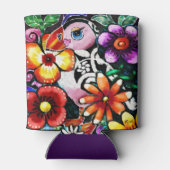 Whimsical Abstract Puffin Bird In Flowers 缶クーラー (裏面)
