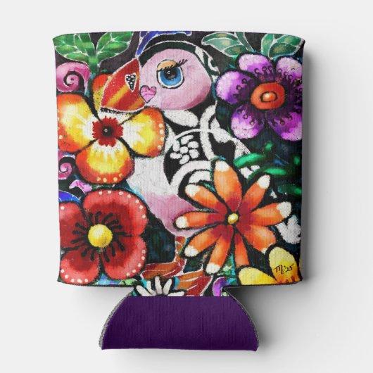 Whimsical Abstract Puffin Bird In Flowers 缶クーラー (裏面)