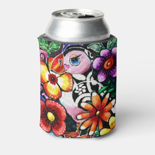 Whimsical Abstract Puffin Bird In Flowers 缶クーラー (缶裏面)