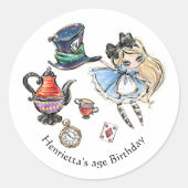 Whimsical Alice Tea Party Birthday Sticker ラウンドシール (正面)