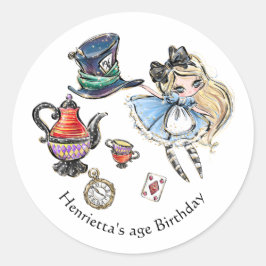 Whimsical Alice Tea Party Birthday Sticker ラウンドシール