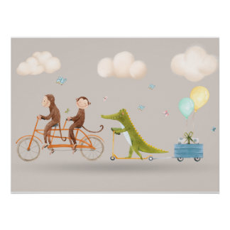 Whimsical Animals on Bicycle Nursery Wall art  ポスター