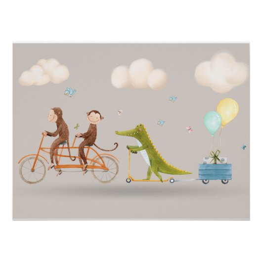 Whimsical Animals on Bicycle Nursery Wall art  ポスター (正面)