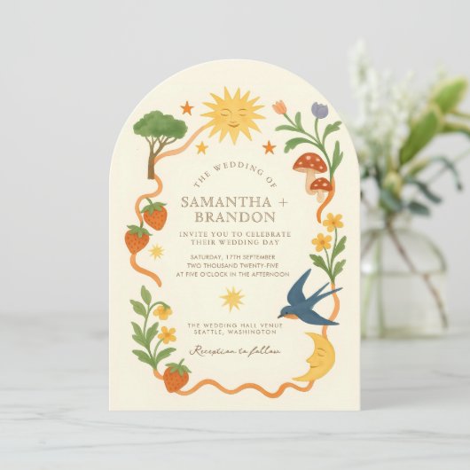 Whimsical Arch Sun & Moon Floral Wedding  招待状 (スタンド正面)