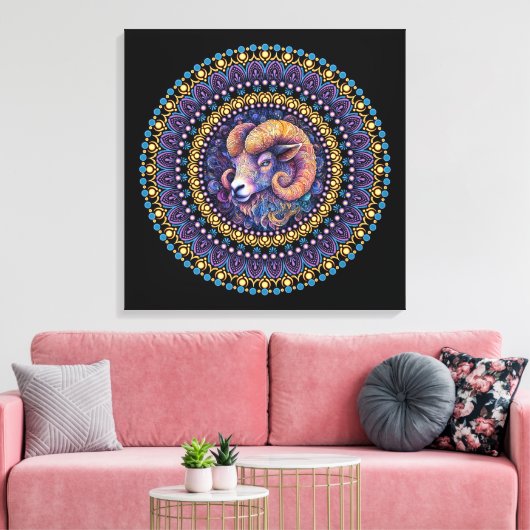 Whimsical Aries Zodiac Dot Mandala Canvas Wall Art キャンバスプリント (インサイチュ (リビング))