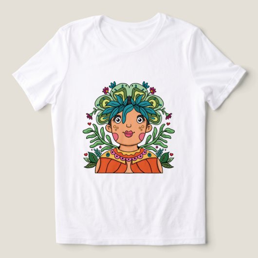 Whimsical Art Girl with Floral Crown トライブレンドＴシャツ (デザイン正面)