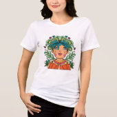 Whimsical Art Girl with Floral Crown トライブレンドＴシャツ (正面)
