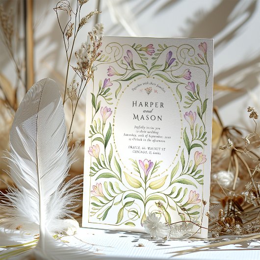 Whimsical Art Nouveau Freesias Gold Wedding 招待状