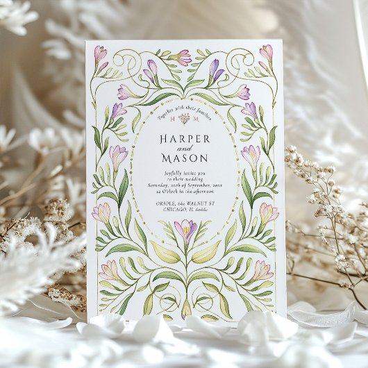 Whimsical Art Nouveau Freesias Gold Wedding 招待状