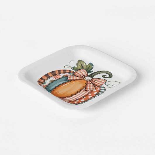 Whimsical Autumn Accent with Gingham Bow ペーパープレート (傾斜あり)