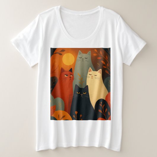 Whimsical Autumn Cats Mid Century Art プラスサイズTシャツ (デザイン正面)
