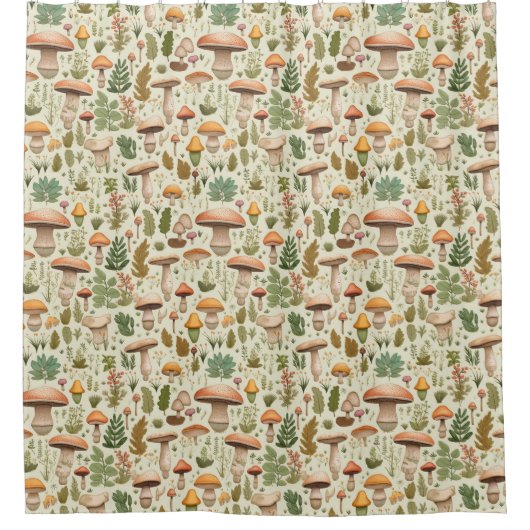 Whimsical Autumn Mushroom Forest Seamless Pattern シャワーカーテン (正面)