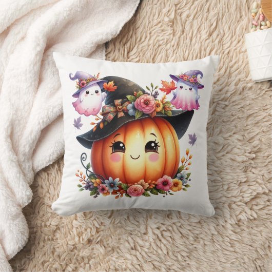 Whimsical Autumn Pumpkin Witch Design クッション (ブランケット)