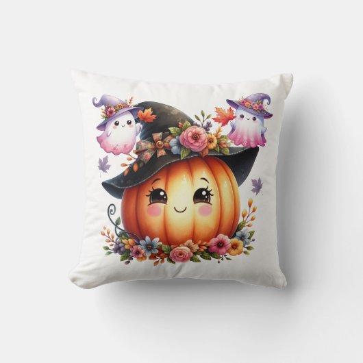 Whimsical Autumn Pumpkin Witch Design クッション (正面)