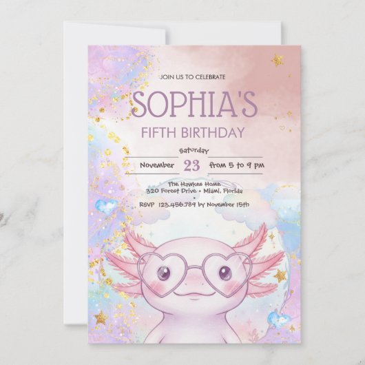 Whimsical axolotl kids birthday 招待状 (正面)