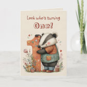 Whimsical Badger First Birthday for One Year Old カード (正面)