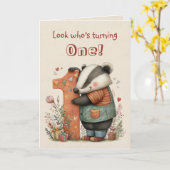 Whimsical Badger First Birthday for One Year Old カード (黄色い花)