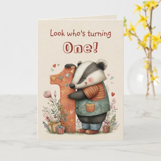 Whimsical Badger First Birthday for One Year Old カード (黄色い花)
