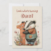 Whimsical Badger First Birthday One Year Old Flat カード (正面)