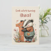 Whimsical Badger First Birthday One Year Old Flat カード (スタンド正面)