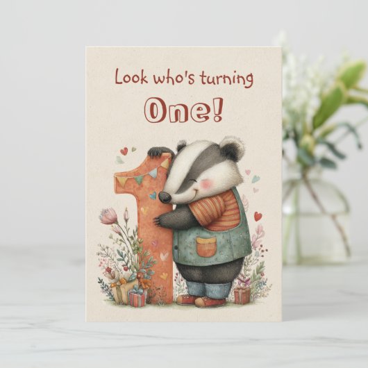 Whimsical Badger First Birthday One Year Old Flat カード (スタンド正面)