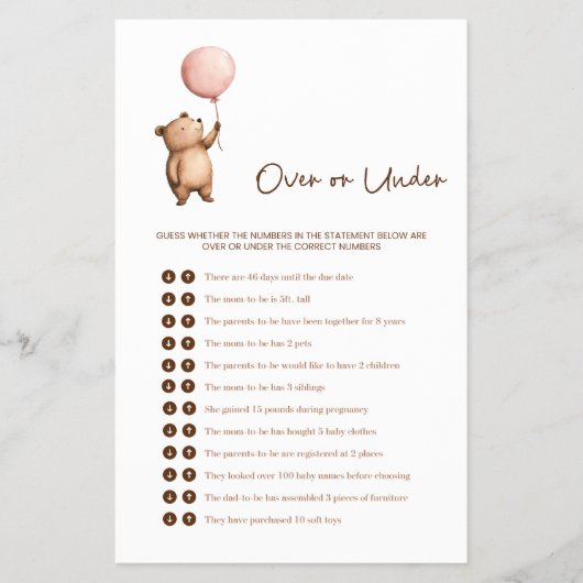 Whimsical Bear Baby Shower "Over or Under" Game チラシ (正面)