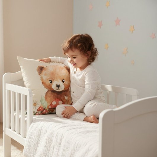 Whimsical Bear Mushroom Watercolor Childrens Room  クッション