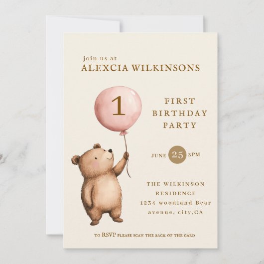 Whimsical Bear "One" Heart Balloon Birthday  招待状 (正面)