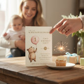 Whimsical Bear "One" Heart Balloon Birthday  招待状