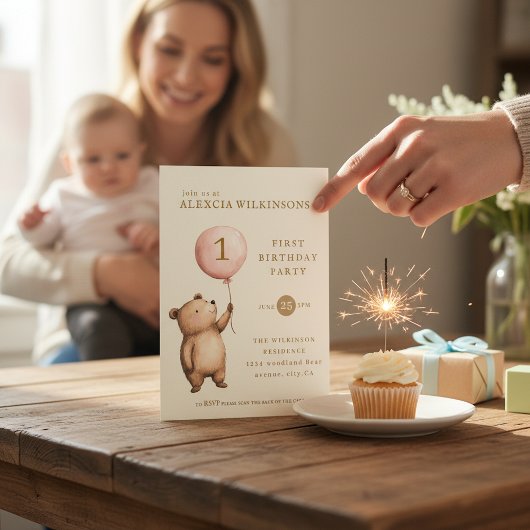 Whimsical Bear "One" Heart Balloon Birthday  招待状