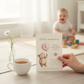 Whimsical Bear "One" Heart Balloon Birthday  招待状