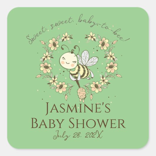  whimsical bee wreath baby shower スクエアシール (正面)