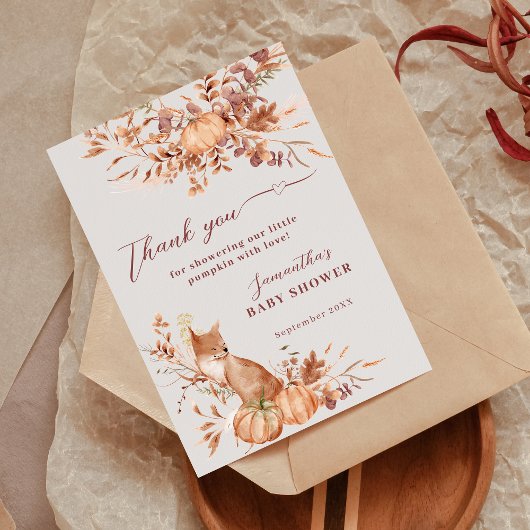 Whimsical Beige Rustic Fox Pumpkin サンキューカード