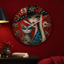 Whimsical Big Eye Girl & Blue Cat Cute Fantasy Art ラージ壁時計