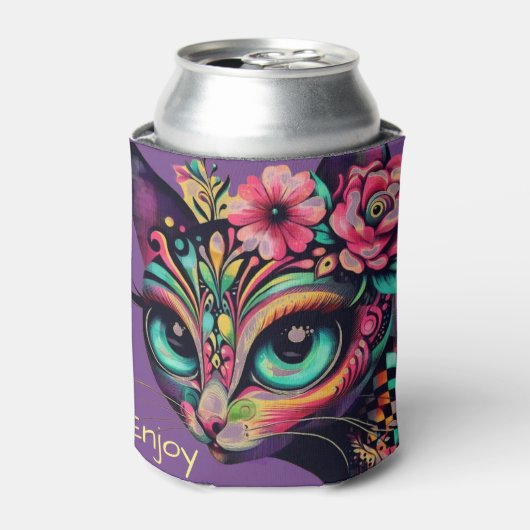 Whimsical Big-Eye Retro Diva Cat Kitty 缶クーラー (缶正面)